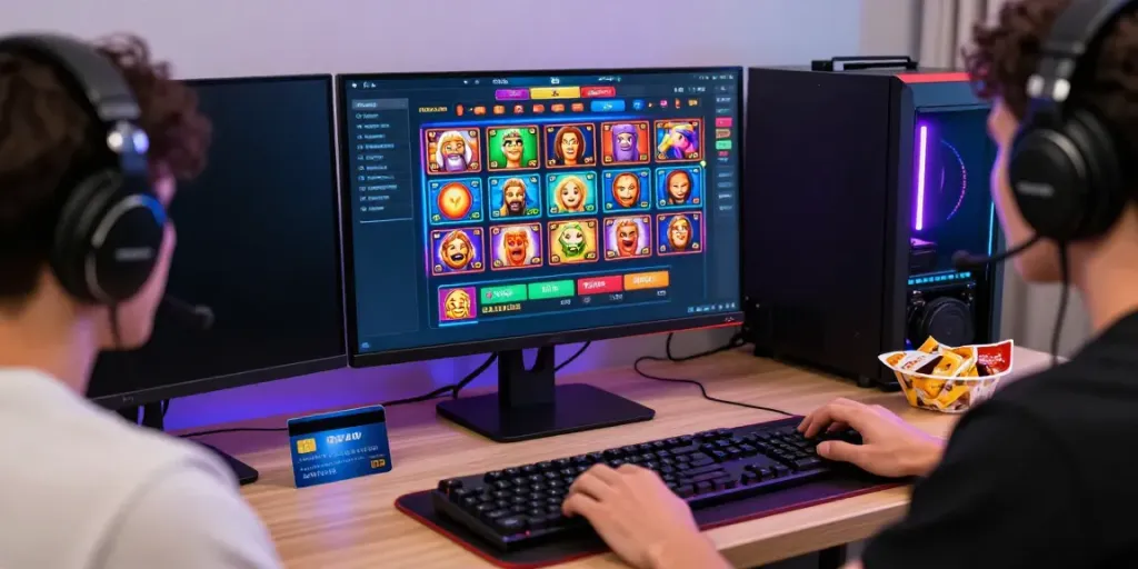 Excited player enjoying online credit card casinos at home, vibrant gaming setup.