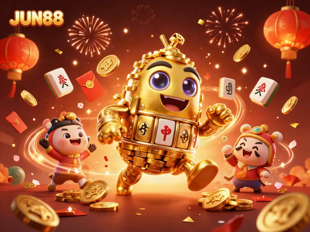 Experience thrilling slots gameplay at JUN88 with a dynamic golden golem surrounded by lucky elements.