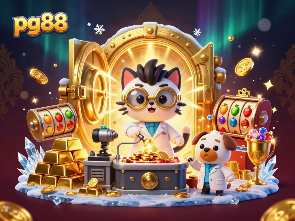 Spin and win big with pg88 in a vibrant casino-themed illustration featuring gold elements.