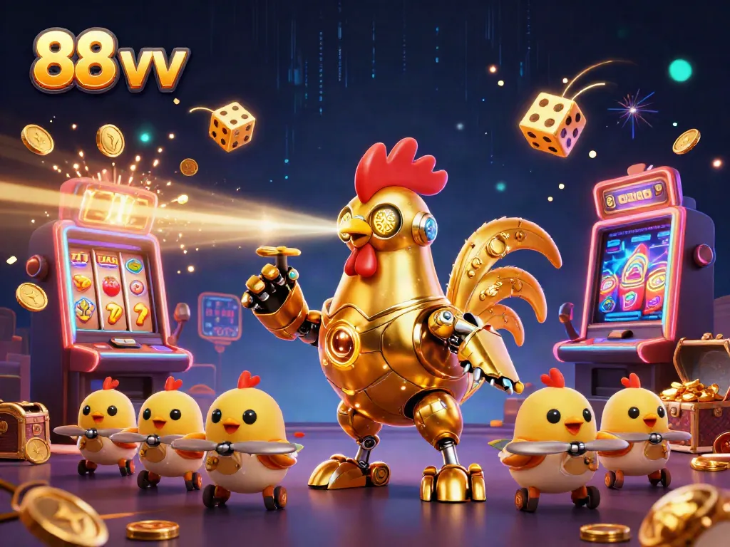 Experience excitement with 88 vv's vibrant casino-themed illustration showcasing flying slot symbols and a golden rooster robot.