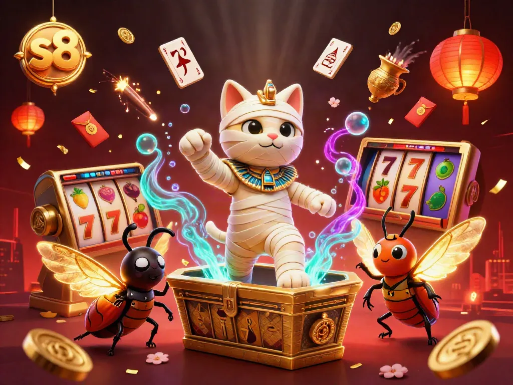 Experience exciting gameplay at s8 with a dazzling 3D Egyptian-themed casino scene and vibrant game elements.