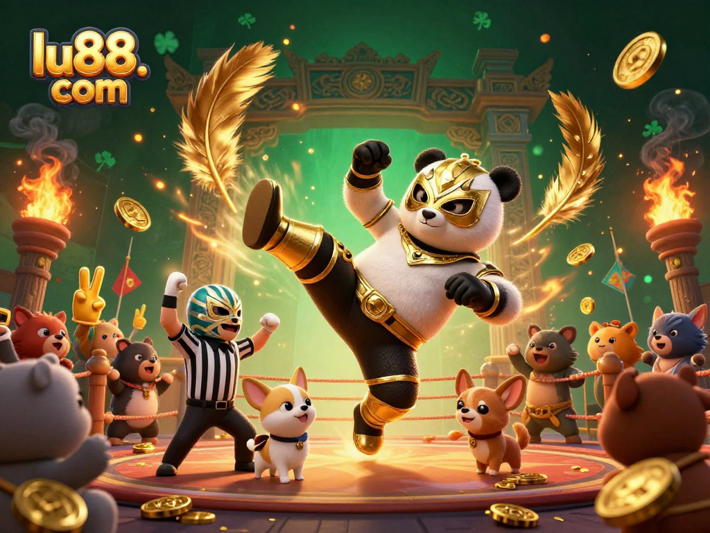 Engage in thrilling bets at lu88. com with a lively scene of a panda wrestler and cheering animals
