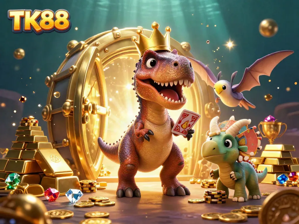 Engage in thrilling gameplay with TK88 featuring a T-Rex and friends in a vibrant casino scene.