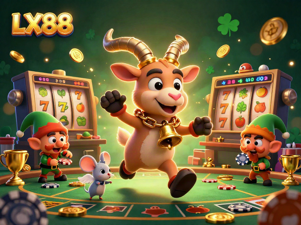 Experience the festive gambling scene at LX88 with Krampus and festive characters amidst vibrant slots and jackpots.