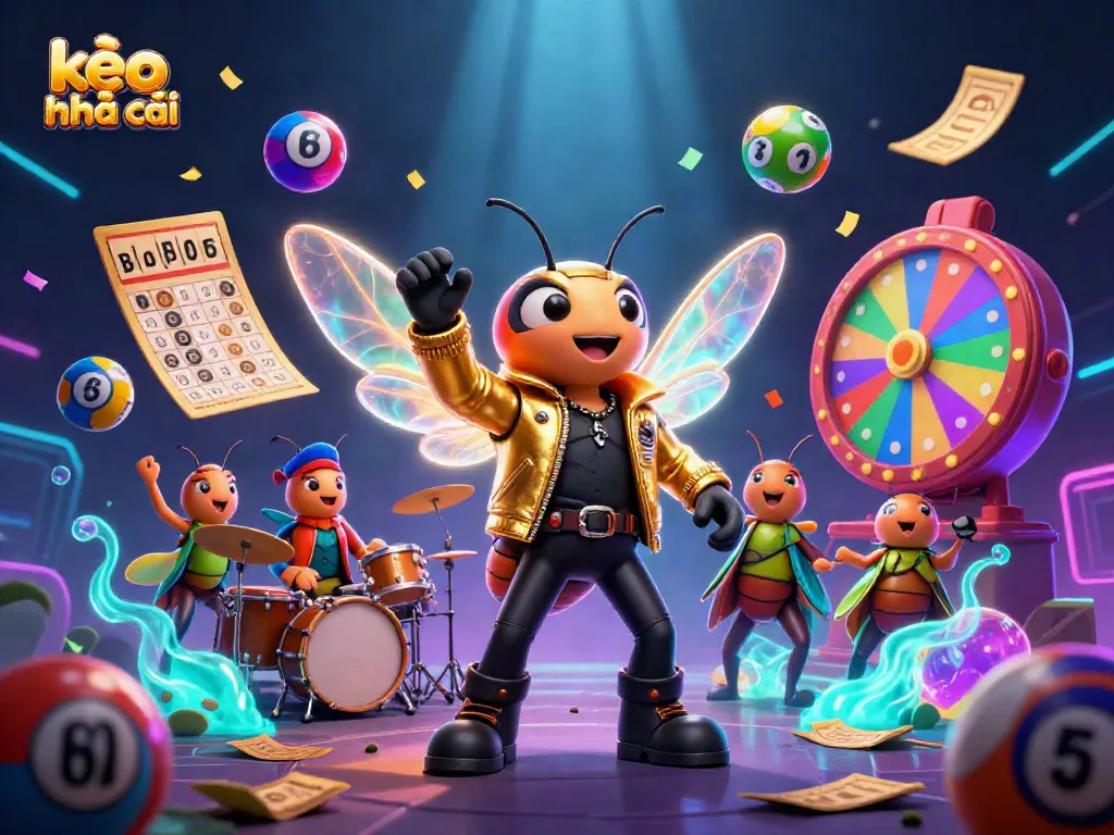 Engage with kèo nhà cái through a vibrant 3D cartoon depiction of a cicada rock star and thrilling casino elements.