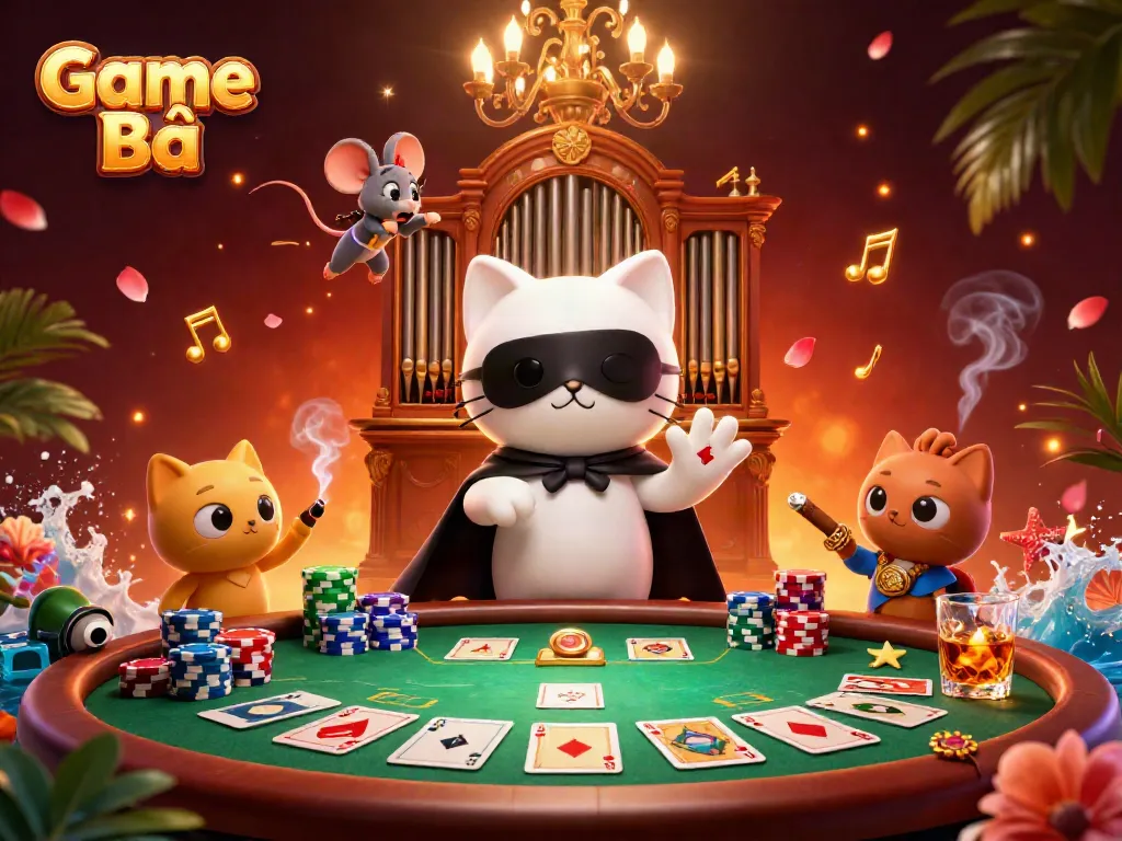 Engage in Game Bài with a whimsical 3D illustration of a poker scene featuring a masked cat and acrobat.