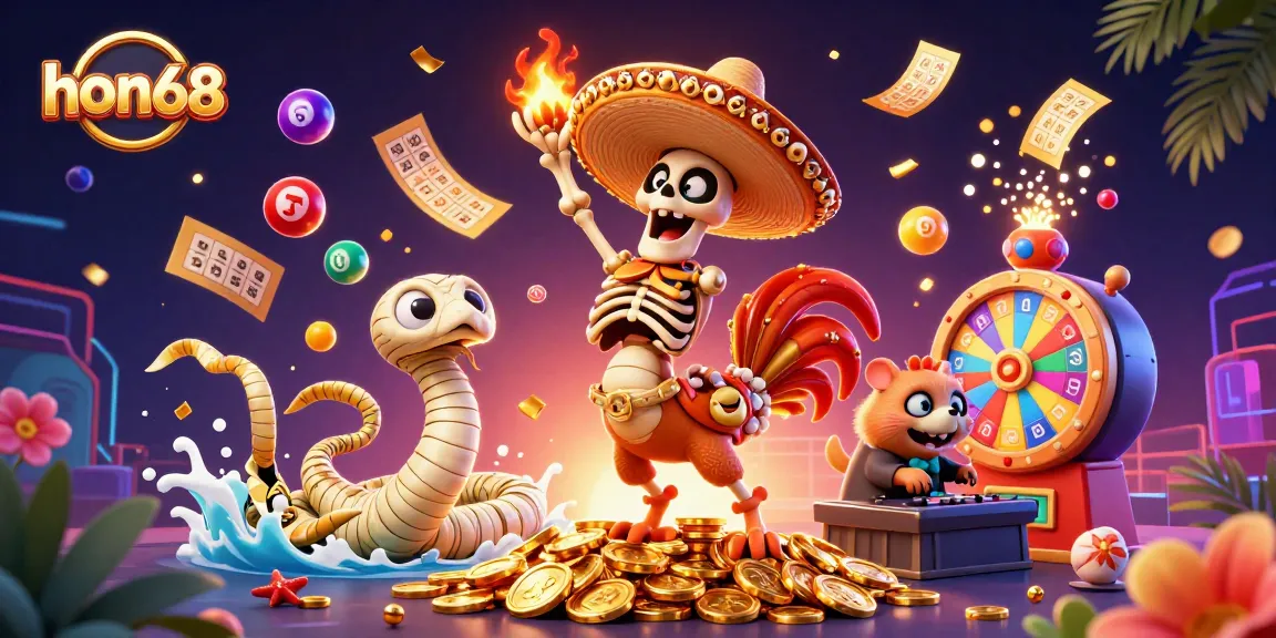 Join the adventure at hon68 with a festive 3D illustration featuring a dancing mariachi rooster, a mummy snake, and a DJ hamster among dynamic casino-themed elements.
