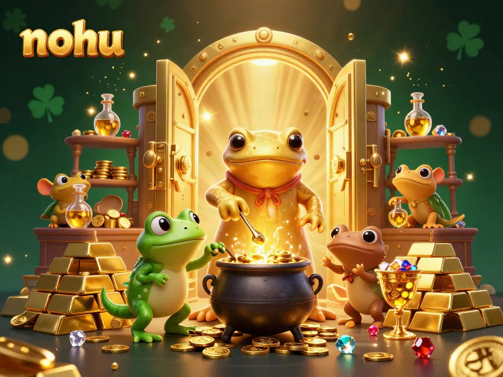 Engage in thrilling gameplay with nohu as our golden alchemist and friends take on rich treasures in a vibrant casino scene.