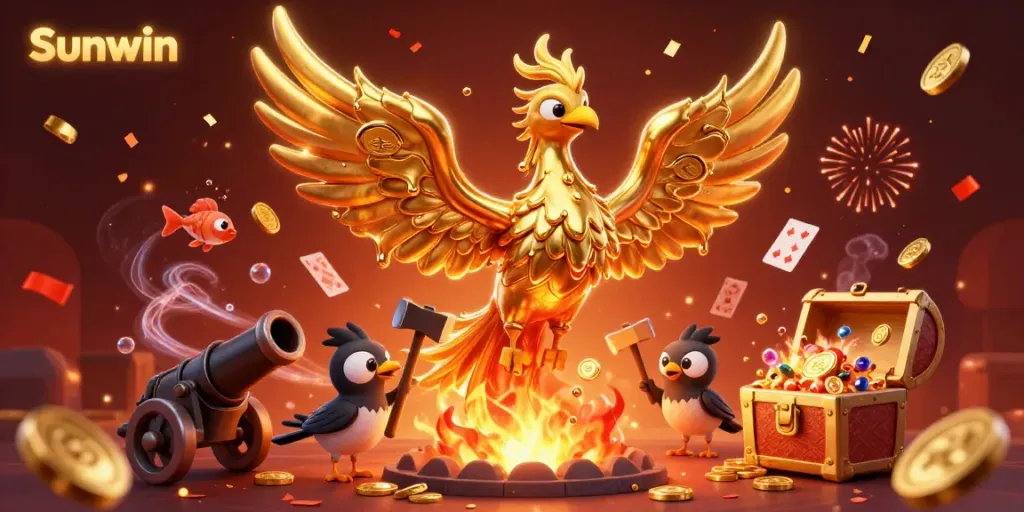 Engage with Sunwin's vibrant gaming universe featuring a molten golden phoenix and treasure elements.