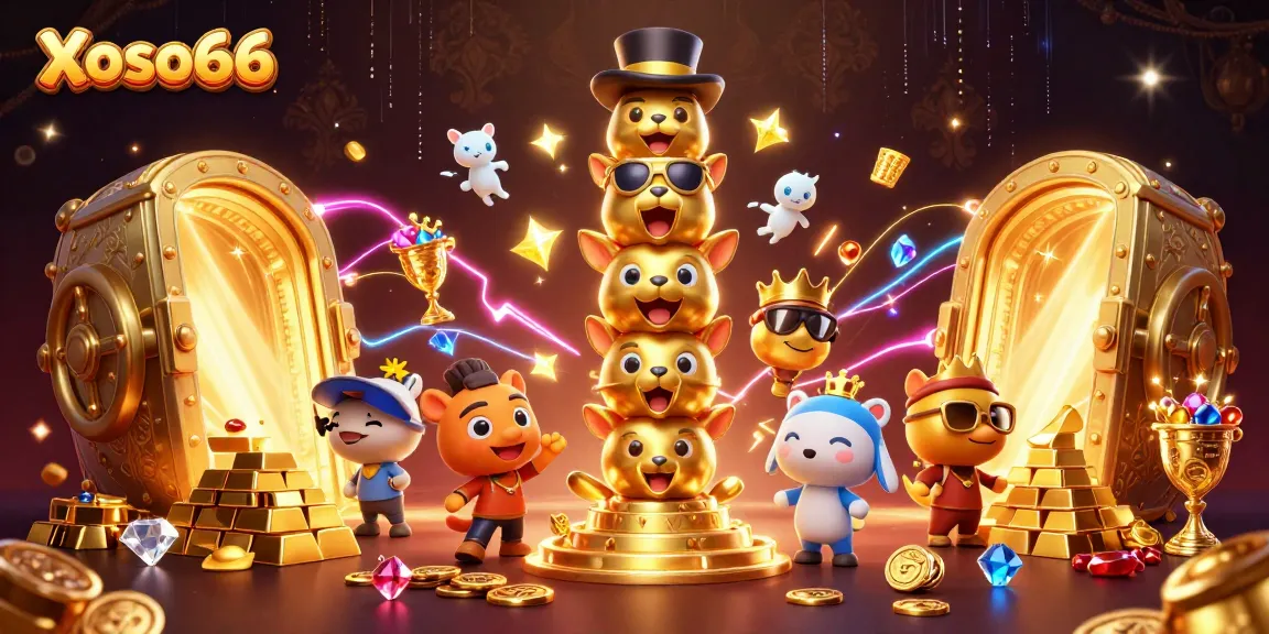 Experience casino excitement at Xoso66 with a vibrant totem and golden treasures in 3D illustration.