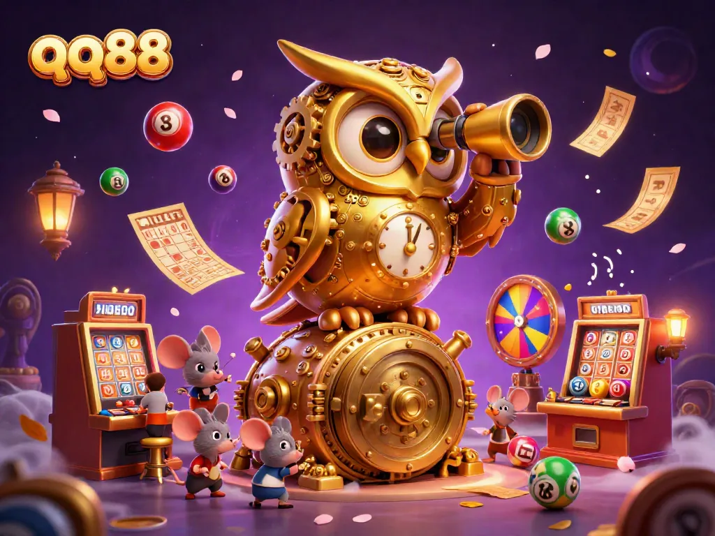 Experience exciting gameplay with qq88's vibrant casino atmosphere showcasing colorful lottery balls and animated mice.