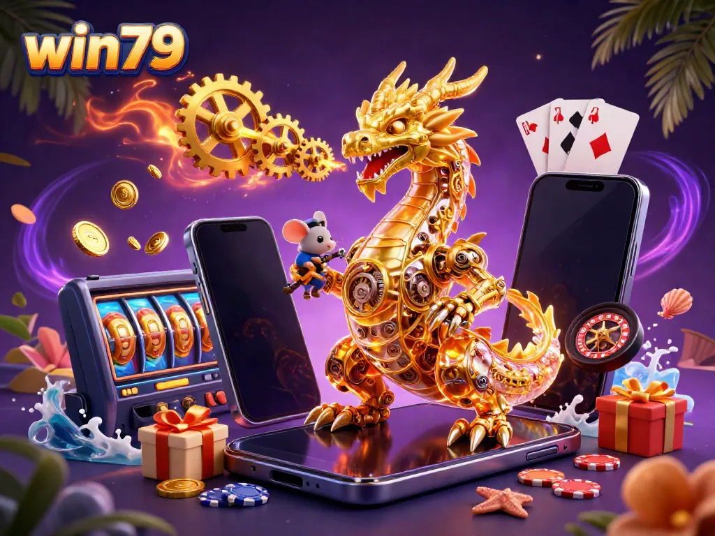 Experience thrilling gameplay at win79 with a vibrant casino scene featuring a golden dragon and slot games!