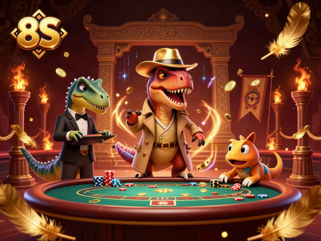 Engage with the thrilling 8S blackjack scene featuring clever velociraptor, stegosaurus pit boss, and a sneaky compy.