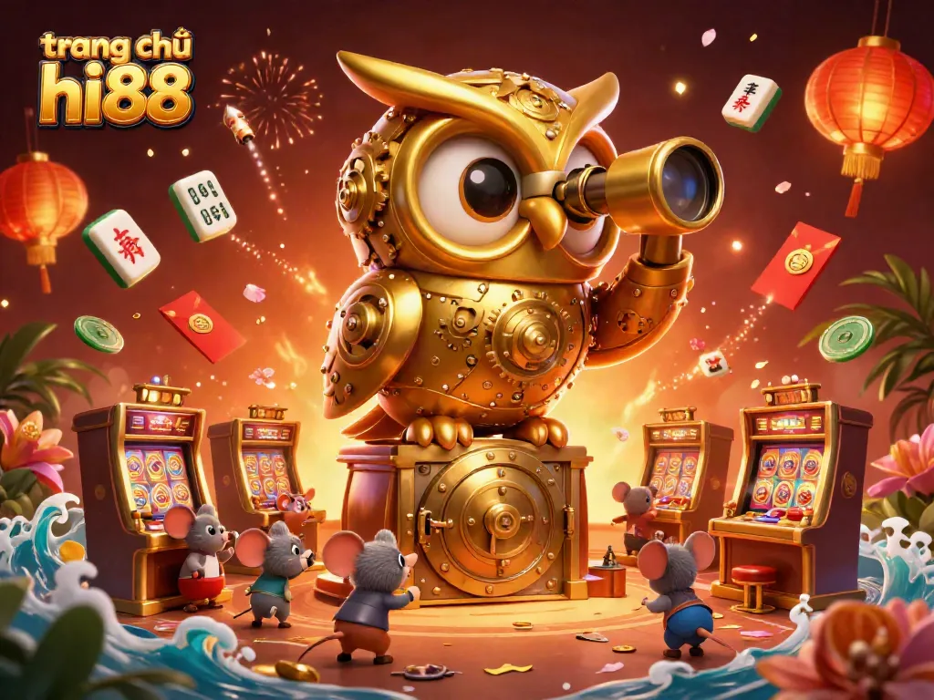 Engage with the casino world at trang chủ hi88 featuring a dynamic scene of a golden owl and mouse patrons.