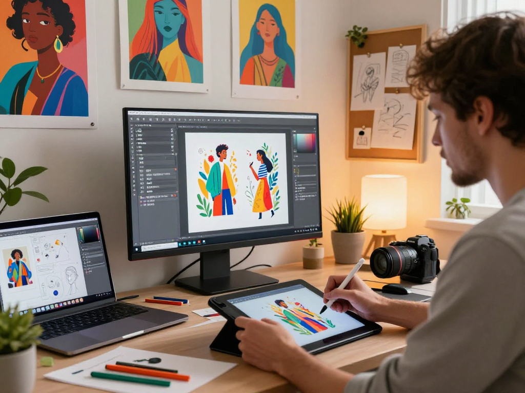 Artist creating vibrant NSFW AI illustrations in a modern workspace with digital tools and artwork.