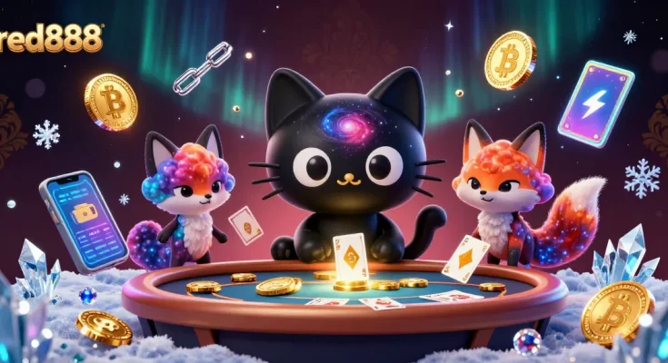Engage with red888's vibrant cosmic casino featuring a black hole cat and a nebula fox.