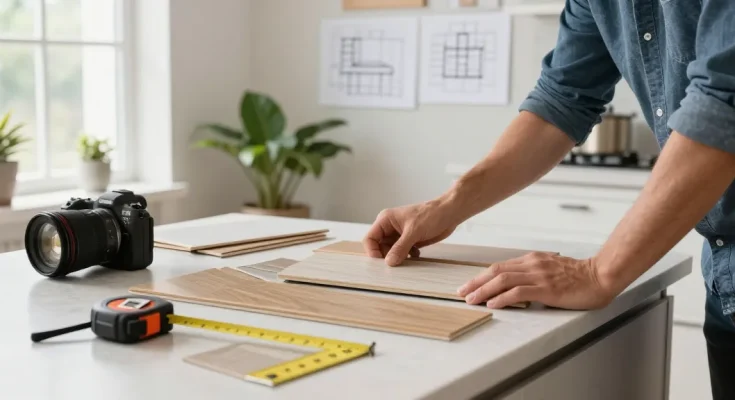 Choosing everything about engineered wood flooring and laminate options in a modern kitchen design.
