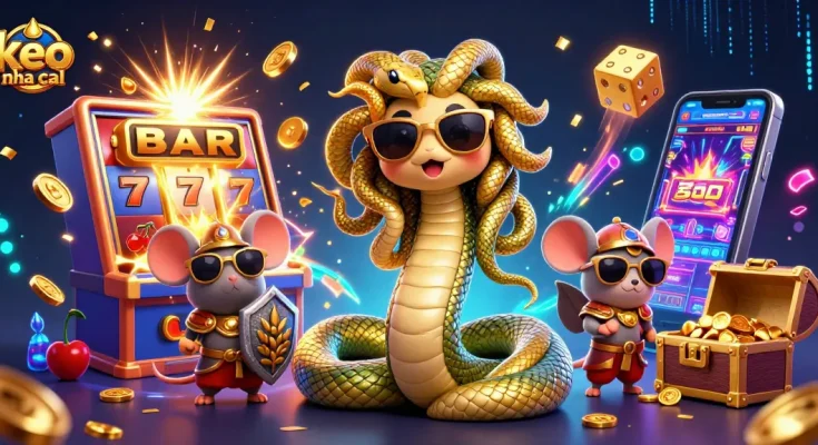 Immerse in the keo nha cai experience with colorful slot symbols exploding in a lively casino scene.