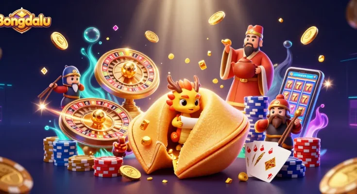 Bongdalu showcases a vibrant online casino scene with golden coins and gaming elements.