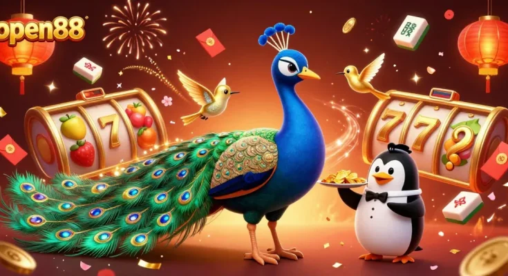 Experience thrilling gameplay with open88 in this vibrant 3D illustration of a casino celebration scene.