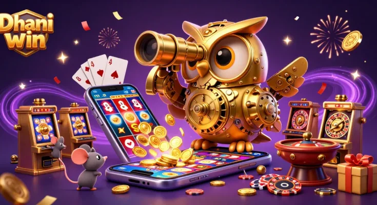 Dhani win gaming experience featuring an animated 3D owl scanning a casino floor filled with slot games and playful mice.
