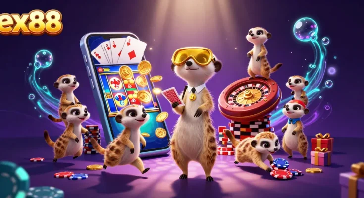 Experience excitement at ex88 casino with lively meerkats running games, chips, and colorful slot machines