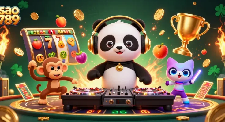 Spark excitement with sao 789 at this vibrant 3D casino scene featuring a DJ panda, breakdancing monkey, and rave kitten.