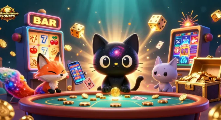 Engage in thrilling slots action with the vibrant williamshakespeare-sonnets casino-themed scene featuring a cosmic black hole cat.