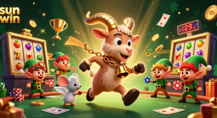 Experience thrilling gaming action at Sun Win with vibrant slot elements and festive characters.