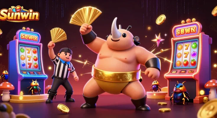 Sunwin offers a dynamic gaming experience with a cartoon beetle champion amid vibrant slot machines.