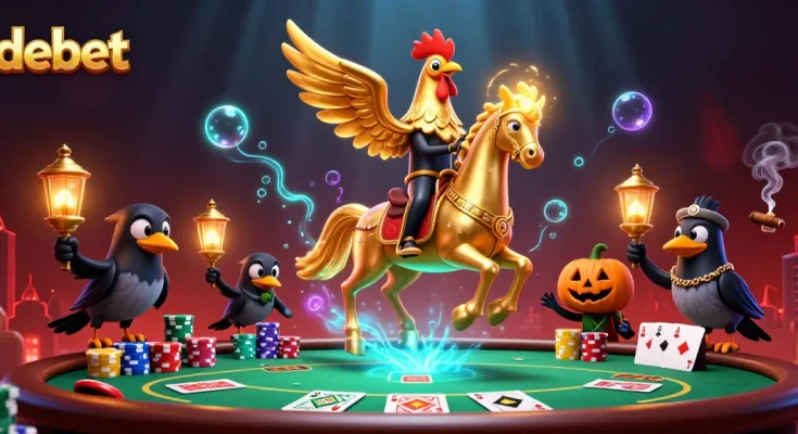 Engage with debet strategies at a lively poker scene with a golden rooster, dynamic characters, and casino excitement.