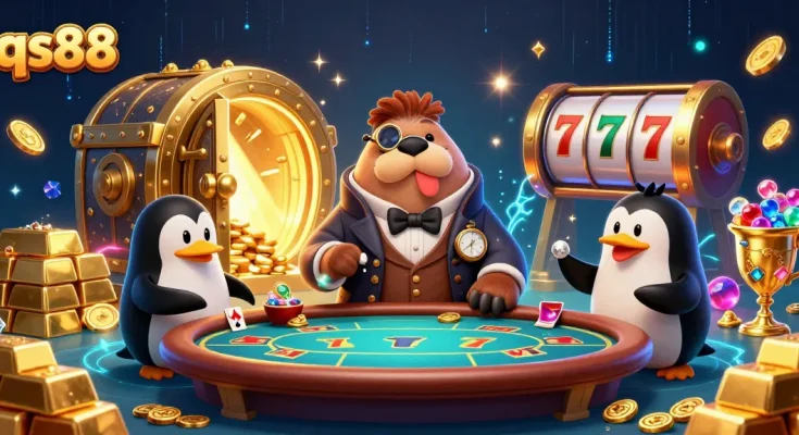 Experience colorful slot action with qs88 featuring whimsical characters at an underwater poker table.