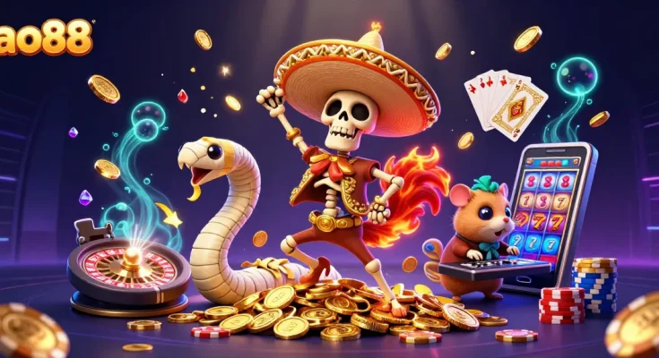 Celebrate wins at ao88 with a lively skeleton rooster, golden coins, and vibrant gaming elements!