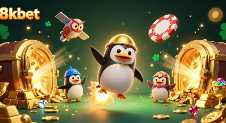 Experience excitement with 8xbet's golden penguin soaring to a casino station, sparkling treasures scattered around.
