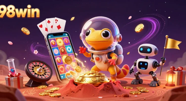 Experience the thrill of 98win in a vibrant Martian casino scene with animated characters and dynamic game elements.