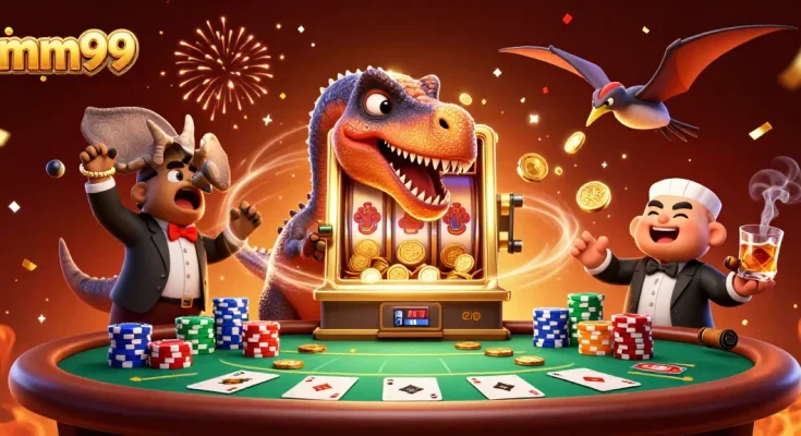mm99 casino scene with dinosaurs celebrating jackpot wins over a golden slot machine.