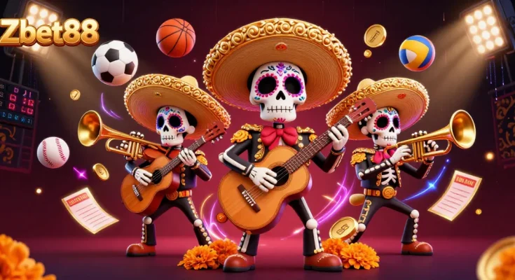 Experience exciting wins with Zbet88 in this vibrant 3D casino scene featuring dynamic mariachi characters and sports elements.