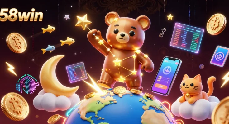 Engage with 58win's thrilling online gaming world, highlighted by a cosmic bear and vibrant crypto elements.