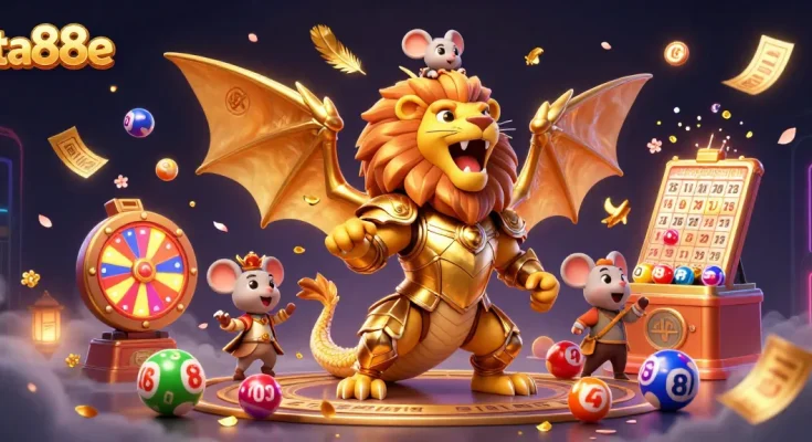 Experience thrilling gameplay with ta88e, dynamic lottery balls, and a roaring chimera highlighting this casino adventure.