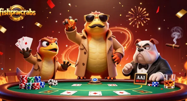 Engage with fishprawncrabs as colorful raptors unite in a casino for a thrilling poker showdown.