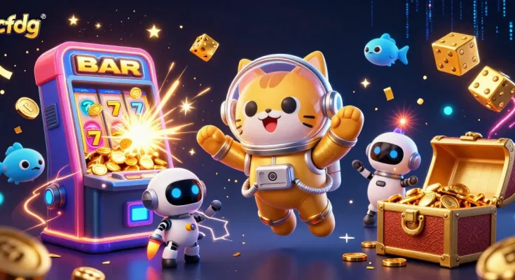 Join the fun at cfdg with this exciting scene of an astronaut cat, robot dog, and casino thrills.