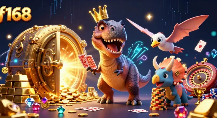 Experience the thrill of f168 with a cartoon T-Rex shuffling cards and winning golden chips at a vibrant casino.
