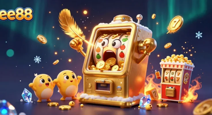 Experience the ee88 golden slot machine hitting its jackpot with coins pouring out, showcasing vibrant casino energy.