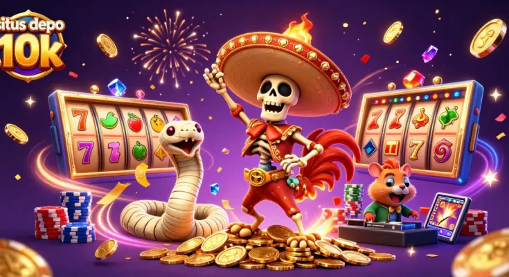 Join the excitement of situs depo 10k with a vibrant 3D illustration featuring animated casino characters celebrating amidst spinning slot reels and golden coins.