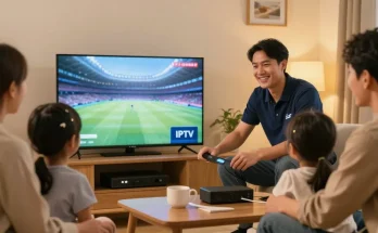 Professional IPTV reseller assisting local family with home entertainment system setup.