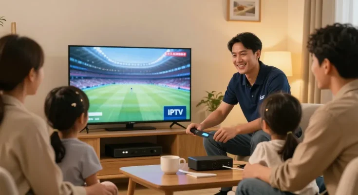 Professional IPTV reseller assisting local family with home entertainment system setup.