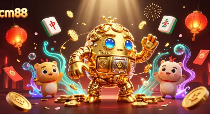 Spin and win with cm88's vibrant 3D casino scene featuring golden golems and Mahjong tiles.
