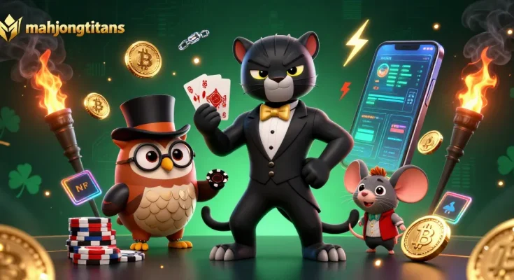 Engage in thrilling mahjongtitans gameplay with stylish characters amidst vibrant crypto gaming elements.