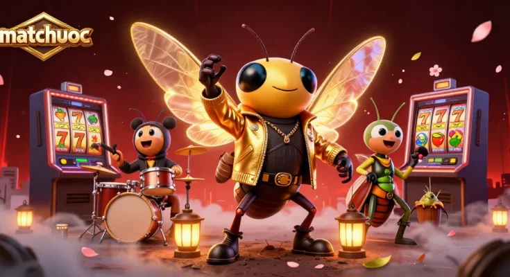 Experience the vibrant energy of matchuoc with a lively 3D illustration showcasing a cicada rock star amidst slot machines and festive elements.