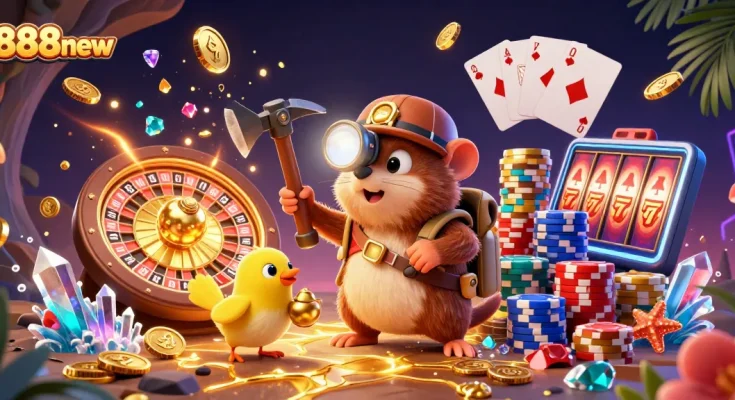 Win big at 888new with treasure hunting mole mining golden gems and coins in a thrilling casino scene.